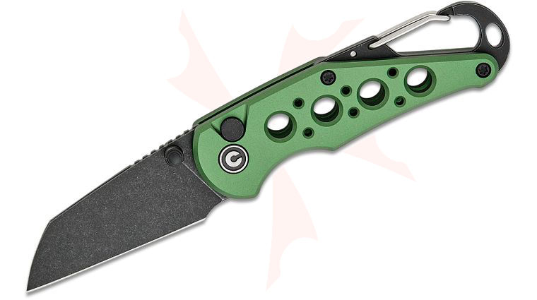 CIVIVI Knives Pragma Button Lock Folding Knife 2.2 inch Nitro-V Black Stonewashed Wharncliffe Blade, Green Milled Aluminum Handles with Carabiner and Bottle Opener