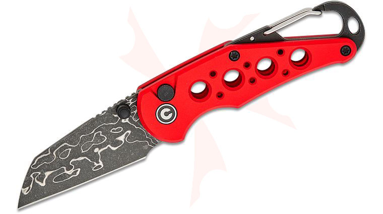 CIVIVI Knives Pragma Button Lock Folding Knife 2.2 inch Damascus Wharncliffe Blade, Red Milled Aluminum Handles with Carabiner and Bottle Opener