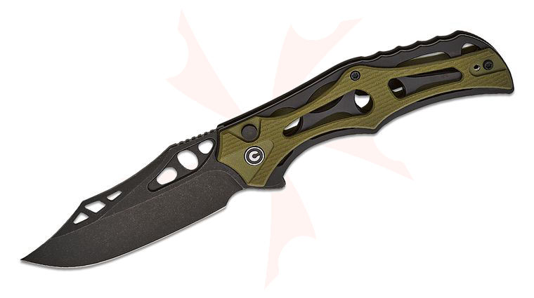 CIVIVI Knives Biophase Button Lock Flipper Knife 3.48 inch Nitro-V Black Stonewashed Clip Point Blade, Skeletonized Black Aluminum and OD Green G10 Handles, Reversible Bayonet Clip
