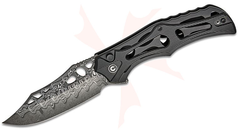 CIVIVI Knives Biophase Button Lock Flipper Knife 3.48 inch Damascus Clip Point Blade, Skeletonized Black Aluminum Handles, Reversible Bayonet Clip
