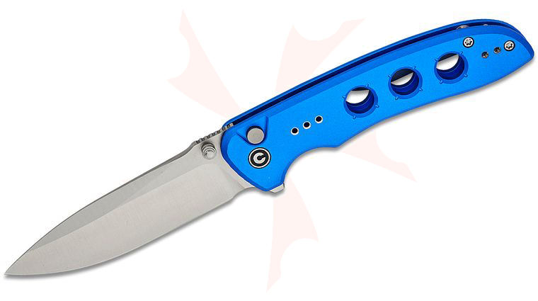 CIVIVI Knives Hyperpulse Button Lock Flipper Knife 3.5 inch 14C28N Satin Drop Point Blade, Milled Blue Aluminum Handles, Reversible Clip