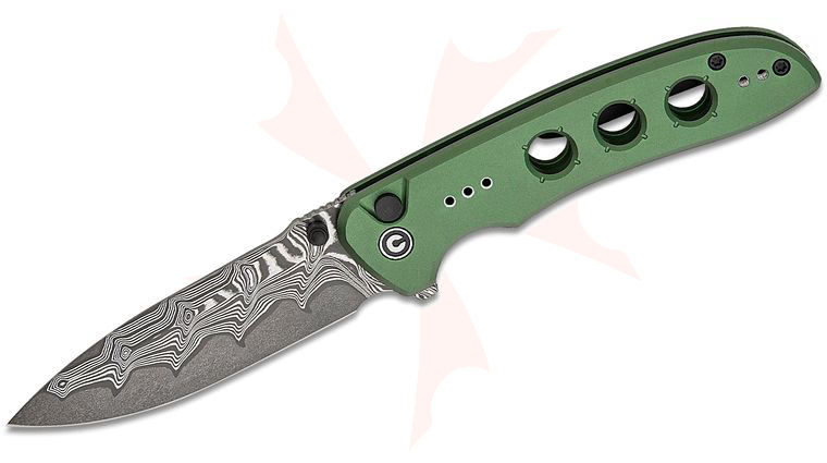 CIVIVI Knives Hyperpulse Button Lock Flipper Knife 3.5 inch Damascus Drop Point Blade, Milled Green Aluminum Handles, Reversible Clip