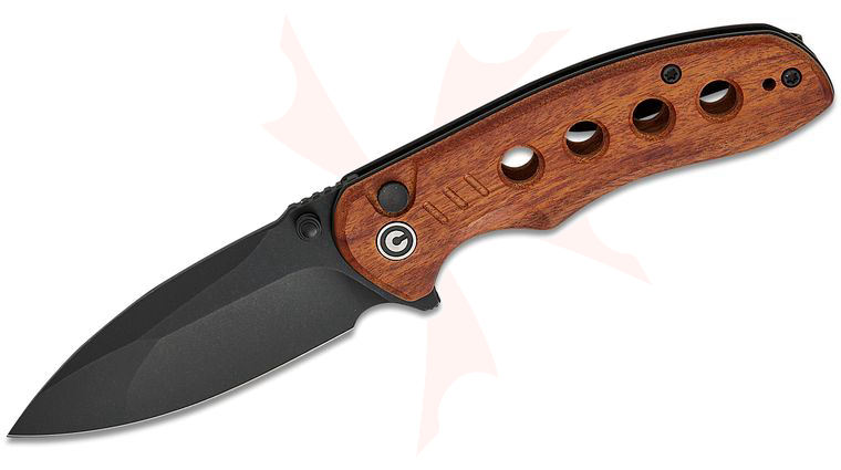 CIVIVI Knives Triptych Button Lock Flipper Knife 2.97 inch 14C28N Black Stonewashed Compound Drop Point Blade, Milled Guibourtia Wood Handles, Reversible Clip