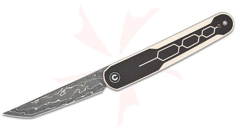 CIVIVI Knives Rafal Brzeski KwaiQ Liner Lock Flipper Knife 2.97 inch Damascus Tanto Blade, Ivory/Black G10 Handles