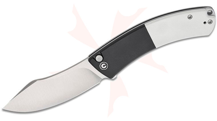 CIVIVI Knives Outlaw Muk Button Lock Flipper Knife 3.47 inch 14C28N Satin Modified Nessmuk Blade, Black and White G10 Handles, Reversible Clip