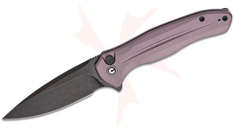 CIVIVI Knives Button Lock Kitefin Flipper Knife 3.22 inch 14C28N Black Stonewashed Drop Point Blade, Purple Aluminum Handles, Reversible Clip