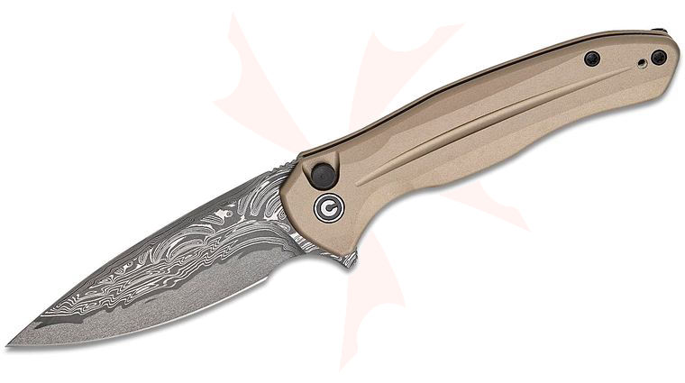 CIVIVI Knives Button Lock Kitefin Flipper Knife 3.22 inch Damascus Drop Point Blade, Brownish Gray Aluminum Handles, Reversible Clip
