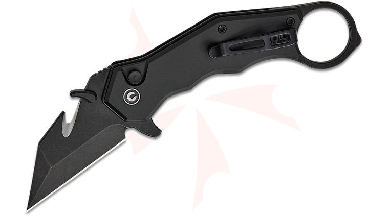 CIVIVI Knives Tony Sentmanat Amaroq Karambit Flipper Knife 2.11 inch Nitro-V Black Stonewashed Reverse Tanto Blade with Gut Hook, Black Aluminum Handles with Pinky Ring, Reversible Clip
