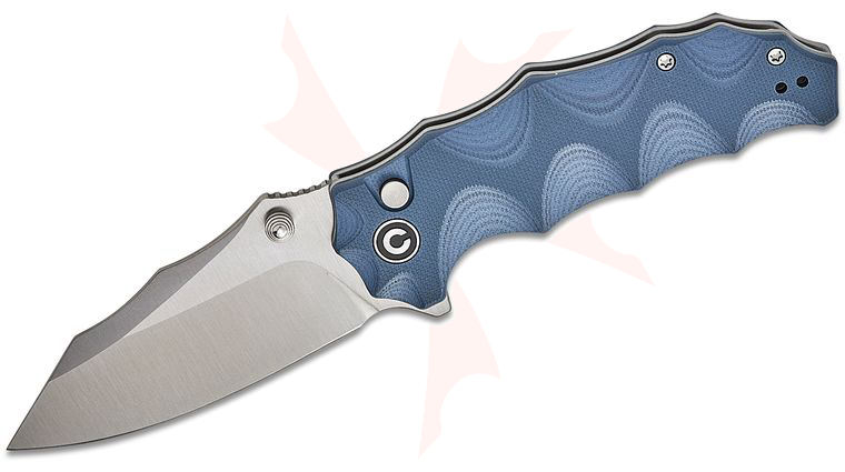 CIVIVI Knives Natterjack Button Lock Front Flipper Knife 3.19 inch 14C28N Satin Clip Point Blade, Milled Neutral Blue G10 Handles, Reversible Clip