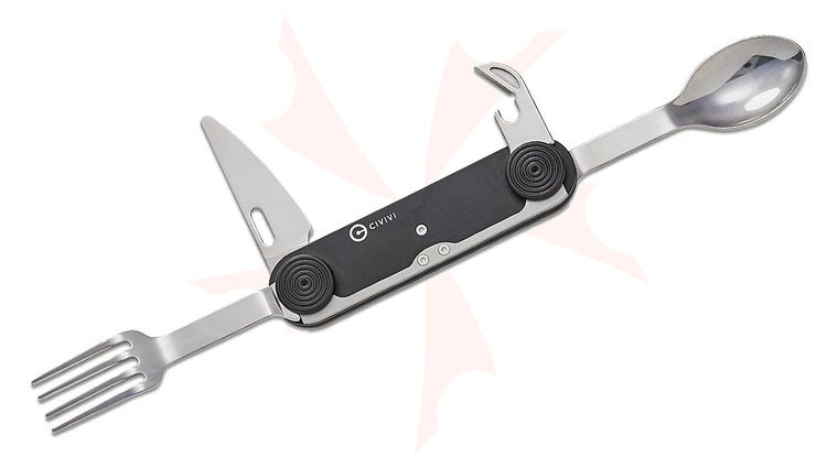 CIVIVI Knives Partake 4-In-1 Multi-Tool Hobo Folding Knife with Fork, Spoon and Can Opener, 4.39 inch Closed, Black Aluminum Handles, Waxed Canvas Pouch