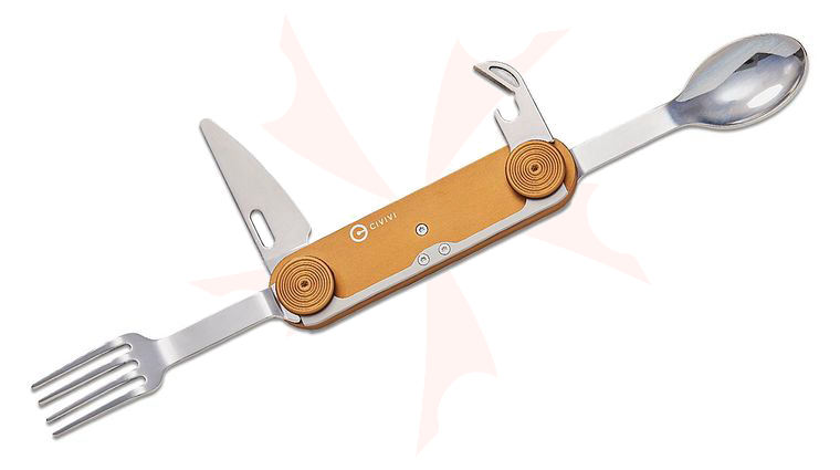 CIVIVI Knives Partake 4-In-1 Multi-Tool Hobo Folding Knife with Fork, Spoon and Can Opener, 4.39 inch Closed, Coyote Brown Aluminum Handles, Waxed Canvas Pouch