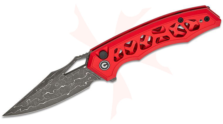 CIVIVI Knives Anaaki Button Lock Flipper Knife 2.98 inch Damascus Clip Point Blade, Red Skeletonized Aluminum Handles, Reversible Clip