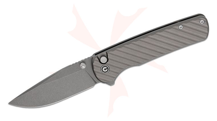 CIVIVI Knives Pete's Pirate Life Iron Tide Button Lock Flipper Knife 3.24 inch 14C28N Gray Stonewashed Clip Point Blade, Gray Machined Aluminum Handles, Ti Clip