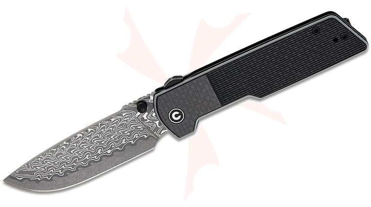 CIVIVI Knives Zygon Top Crossbar Lock Flipper Knife 3.24 inch Damascus Drop Point Blade, Black G10 Handles with Carbon Fiber Overlay Bolsters, Reversible Clip