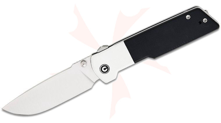 CIVIVI Knives Zygon Top Crossbar Lock Flipper Knife 3.24 inch Nitro-V Satin Drop Point Blade, Black G10 Handles with White G10 Bolsters, Reversible Clip