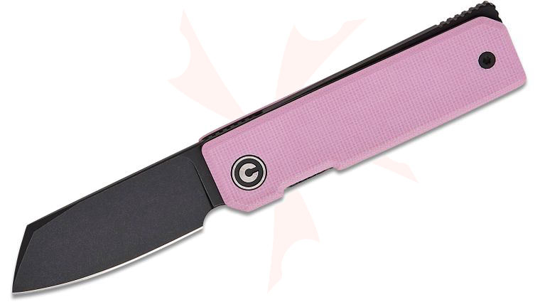 CIVIVI Knives Tashi Bharucha Kukei Liner Lock Front Flipper Knife 2.02 inch Nitro-V Black Stonewashed Sheepsfoot Blade, Pink G10 Handles, Leather Pocket Slip