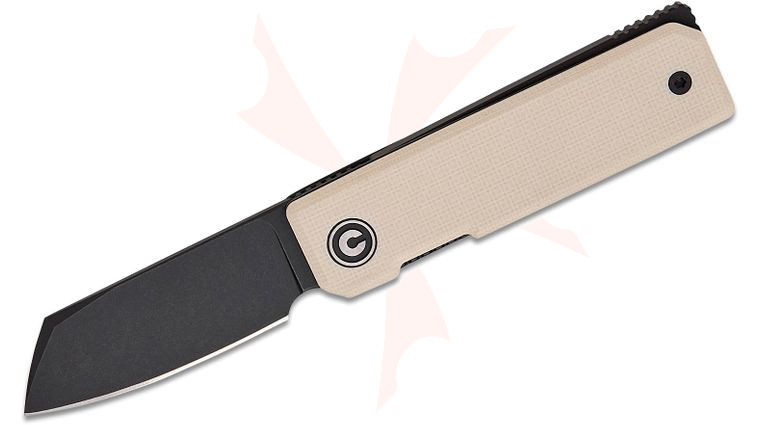 CIVIVI Knives Tashi Bharucha Kukei Liner Lock Front Flipper Knife 2.02 inch Nitro-V Black Stonewashed Sheepsfoot Blade, Ivory G10 Handles, Leather Pocket Slip