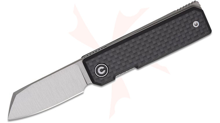 CIVIVI Knives Tashi Bharucha Kukei Liner Lock Front Flipper Knife 2.02 inch Nitro-V Satin Sheepsfoot Blade, Black G10 Handles with Carbon Fiber Overlays, Leather Pocket Slip