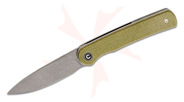 CIVIVI Knives Ferrum Forge Stylum Double Detent Slipjoint Front Flipper Knife 2.96 inch 10Cr15CoMoV Stonewashed Drop Point Blade, Olive Micarta Handles