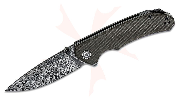 CIVIVI Knives C2102DS-3 Brazen Flipper Knife 3.46 inch Damascus Drop Point Blade, Dark Green Micarta Handles