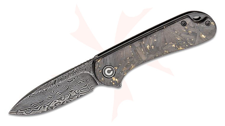 CIVIVI Knives C907C-DS1 Elementum Flipper Knife 2.96 inch Damascus Blade, Contoured Gold Shred Carbon Fiber Handles