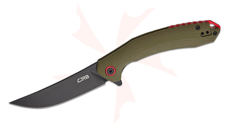 CJRB Cutlery Gobi Flipper Knife 3.39 inch AR-RPM9 Black Trailing Point Blade, OD Green G10 Handles w/ Red Backspacer