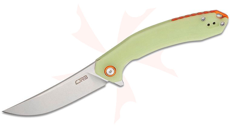 CJRB Cutlery Gobi Flipper Knife 3.39 inch AR-RPM9 Stonewashed Trailing Point Blade, Glow in the Dark G10 Handles w/ Orange Backspacer