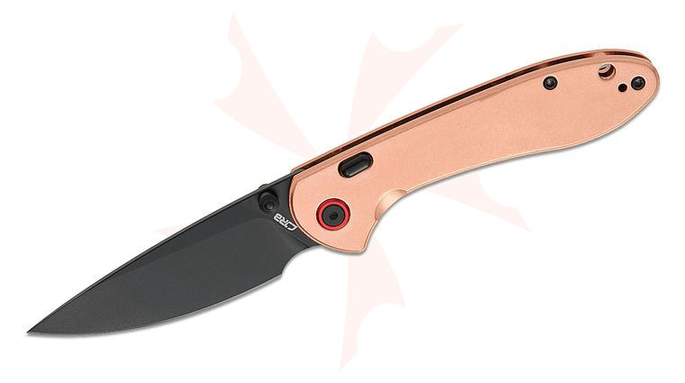 CJRB Cutlery Feldspar Folding Knife 3.5 inch S90V Black PVD Drop Point Blade, Copper Handles