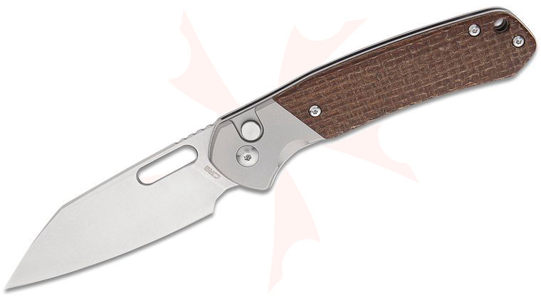 CJRB Cutlery Pyrite-Alt Folding Knife 3.11 inch AR-RPM9 Stonewashed Wharncliffe Blade, Brown Burlap Micarta Handles with Titanium Bolsters - KnifeCenter Exclusive