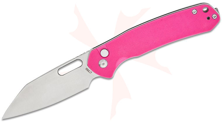 CJRB Cutlery Pyrite-Alt Button Lock Folding Knife 3.11 inch AR-RPM9 Satin Wharncliffe Blade, Pink G10 Handles