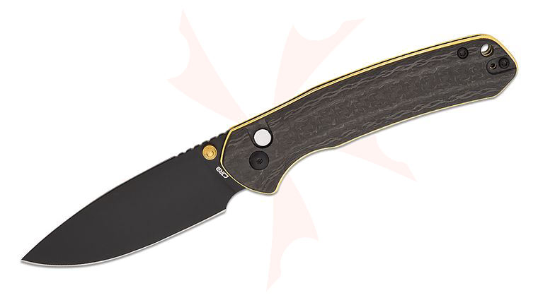 CJRB Cutlery Large Pyrite Folding Knife 3.7 inch AR-RPM9 Black Drop Point Blade, Carbon Fiber Handles with Gold Liners - KnifeCenter Exclusive