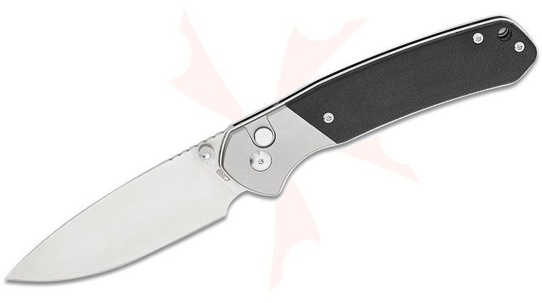 CJRB Cutlery Large Pyrite Folding Knife 3.7 inch AR-RPM9 Satin Drop Point Blade, Black Micarta Handles - KnifeCenter Exclusive
