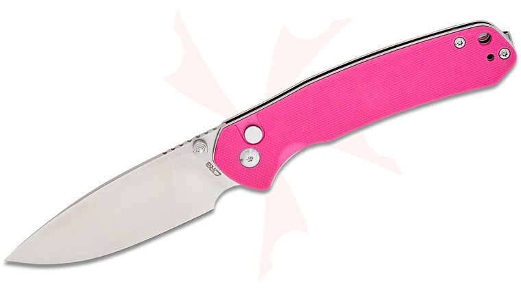 CJRB Cutlery Pyrite Button Lock Folding Knife 3.11 inch AR-RPM9 Satin Drop Point Blade, Pink G10 Handles