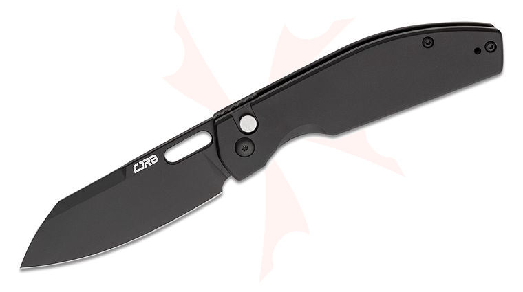 CJRB Cutlery Ekko Button Lock Front Flipper Knife 3.23 inch AR-RPM9 Black Sheepsfoot Blade, Black Stainless Steel Steel Handles