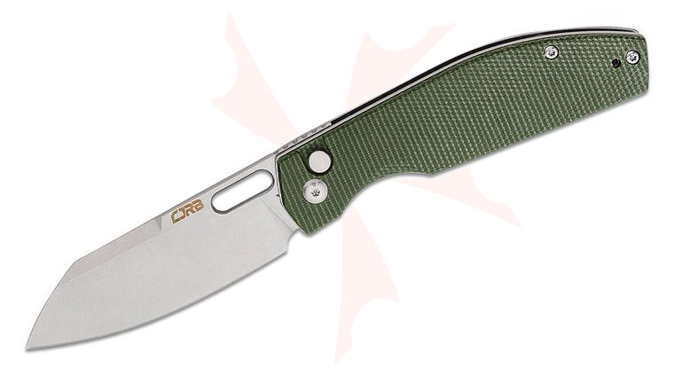 CJRB Cutlery Ekko Button Lock Front Flipper Knife 3.23 inch AR-RPM9 Stonewashed Sheepsfoot Blade, Green Micarta Handles