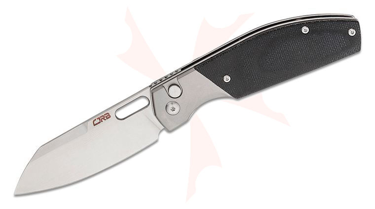 CJRB Cutlery Ekko Button Lock Front Flipper Knife 3.23 inch AR-RPM9 Satin Sheepsfoot Blade, Black Micarta Handles with Titanium Bolsters - KnifeCenter Exclusive