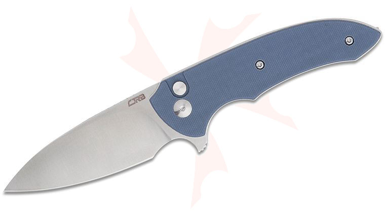 CJRB Cutlery Space Cowboy Button Lock Flipper Knife 3 inch AR-RPM9 Sand Polished Drop Point Blade, Blue G10 Handles