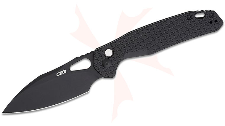 CJRB Cutlery Frack Button Lock Folding Knife 3.9 inch AR-RPM9 Black Drop Point Blade, Frag Black Steel Handles