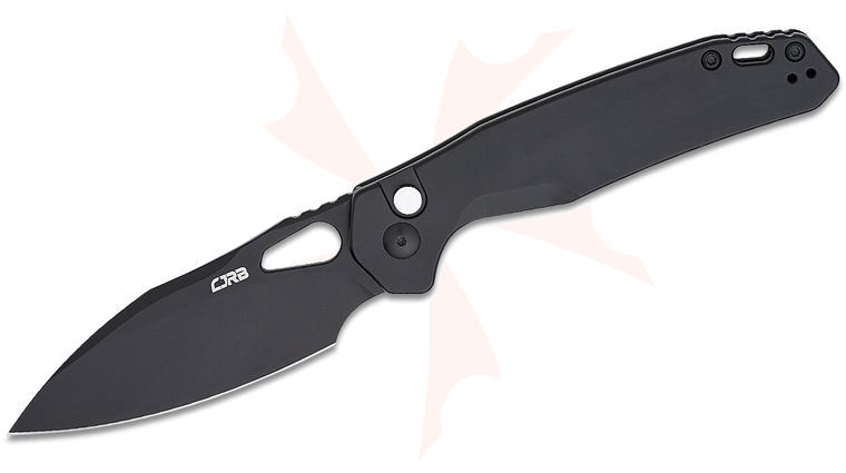CJRB Cutlery Frack Button Lock Folding Knife 3.9 inch AR-RPM9 Black Drop Point Blade, Black Steel Handles