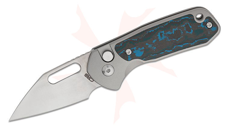 CJRB Cutlery Limited Edition Mini Pyrite Button Lock Folding Knife 2.17 inch S90V Sand Polished Wharncliffe Blade, Gray Titanium Handles with Arctic Storm FatCarbon Inlays