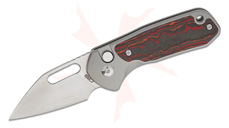 CJRB Cutlery Limited Edition Mini Pyrite Button Lock Folding Knife 2.17 inch S90V Sand Polished Wharncliffe Blade, Gray Titanium Handles with Mars Valley FatCarbon Inlays