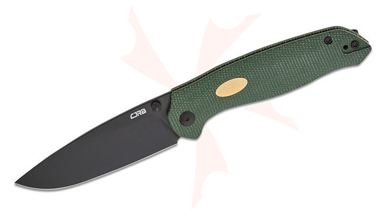 CJRB Cutlery Aes Liner Lock Folding Knife 3.3 inch AR-RPM9 Black PVD Drop Point Blade, Contoured CNC Machined Green Canvas Micarta Handles with Brass Inlay