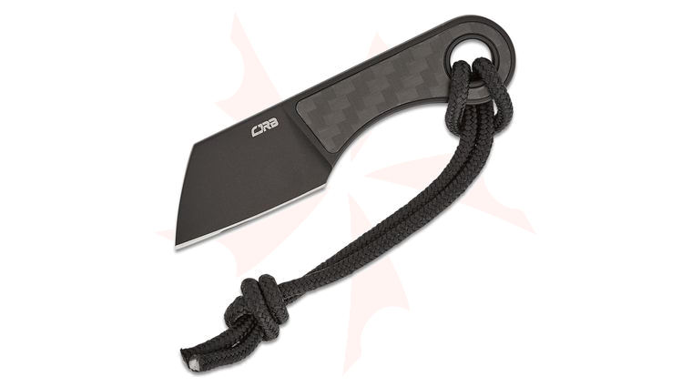 CJRB Cutlery Chip Fixed Blade Neck Knife 1.23 inch AR-RPM9 Black PVD Cleaver Blade, Carbon Fiber Handles, Leather Sheath
