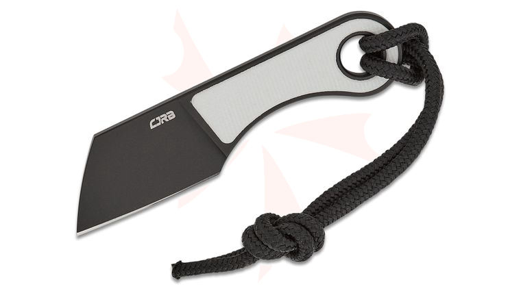 CJRB Cutlery Chip Fixed Blade Neck Knife 1.23 inch AR-RPM9 Black PVD Cleaver Blade, White G10 Handles, Leather Sheath