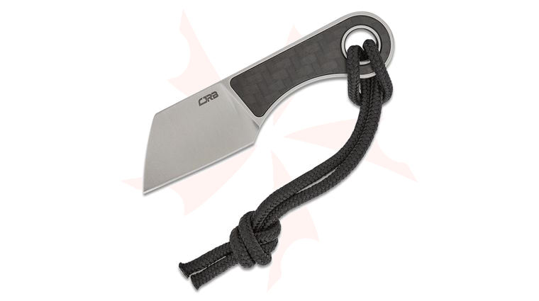 CJRB Cutlery Chip Fixed Blade Neck Knife 1.23 inch AR-RPM9 Sand Polished Cleaver Blade, Carbon Fiber Handles, Leather Sheath