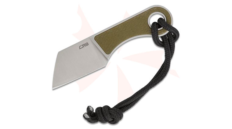 CJRB Cutlery Chip Fixed Blade Neck Knife 1.23 inch AR-RPM9 Sand Polished Cleaver Blade, Green G10 Handles, Leather Sheath