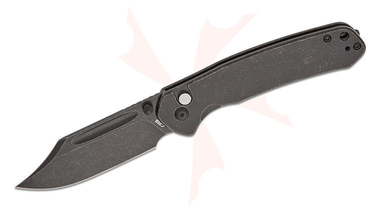 CJRB Cutlery Pyrite Button Lock Folding Knife 3.05 inch AR-RPM9 Black Stonewashed Bowie Blade, Black Stonewashed Steel Handles