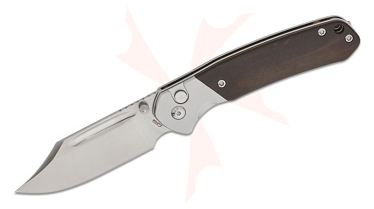 CJRB Cutlery Pyrite Button Lock Folding Knife 3.05 inch AR-RPM9 Sand Polished Bowie Blade, Ebony Wood Handles with Steel Bolsters