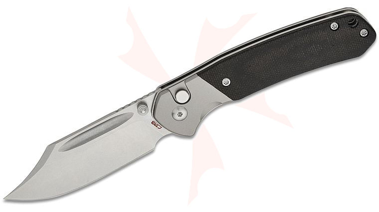 CJRB Cutlery Pyrite Folding Knife 3.05 inch AR-RPM9 Stonewashed Bowie Blade, Black Canvas Micarta Handles with Titanium Bolsters - KnifeCenter Exclusive