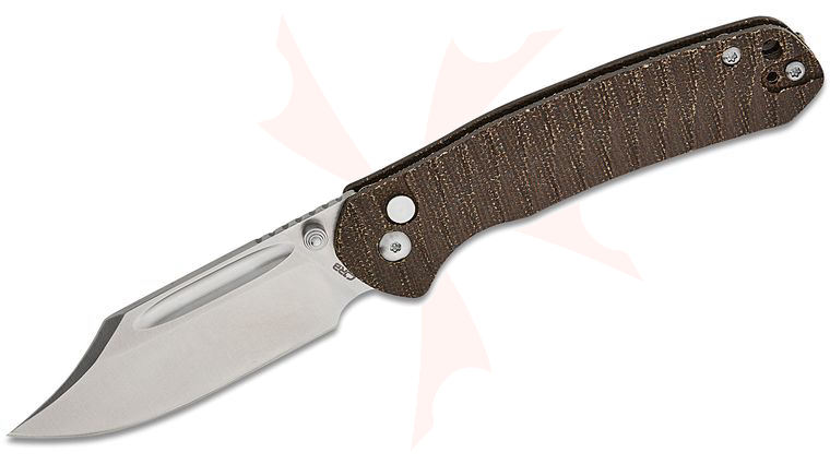 CJRB Cutlery Pyrite Button Lock Folding Knife 3.05 inch AR-SFII Sand Polished Bowie Blade, OD Green Micarta Handles